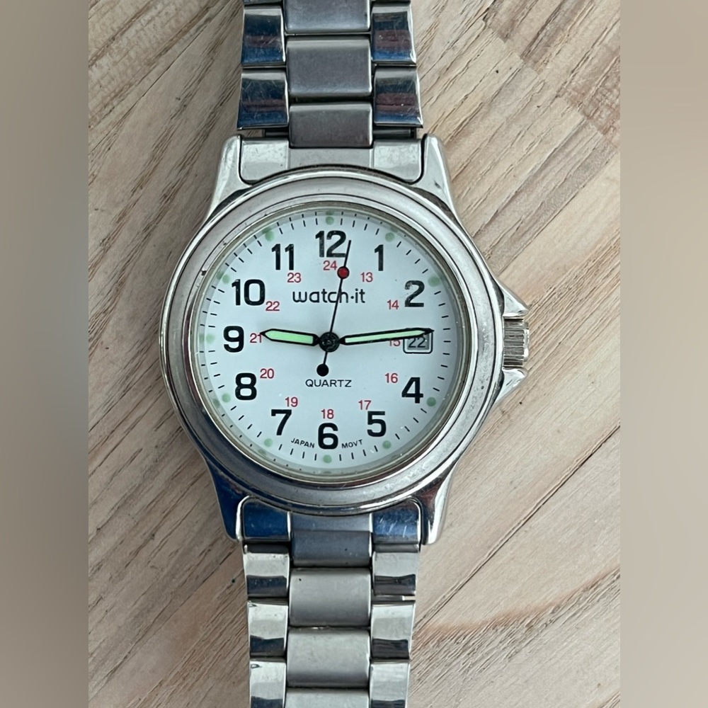Watch-It Men’s Watch Stainless Bracelet White Dial Date Window Luminous Hands